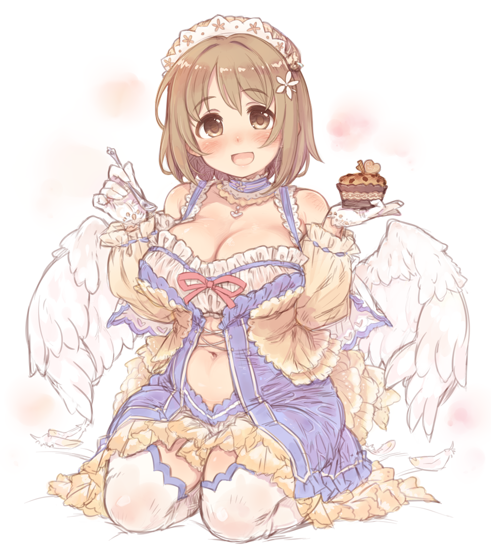 1girl 7010 :d angel_wings blush breasts brown_eyes brown_hair cake cleavage commentary_request flower food hair_flower hair_ornament holding holding_cake holding_food holding_spoon idolmaster idolmaster_cinderella_girls large_breasts looking_at_viewer mimura_kanako open_mouth short_hair sitting smile solo spoon thighhighs wariza white_background white_thighhighs white_wings wings