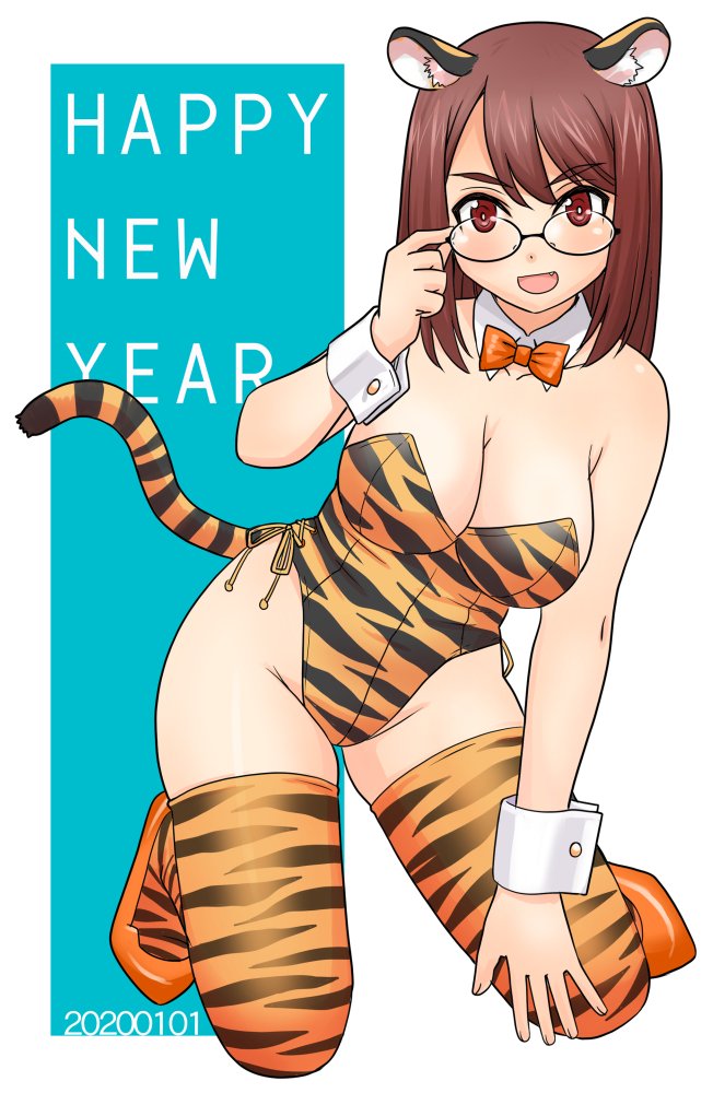 1girl adjusting_eyewear animal_ears animal_print bangs bare_shoulders bikini black-framed_eyewear bow bowtie breasts brown_hair chinese_zodiac cleavage collar commentary dated detached_sleeves full_body happy_new_year high_heels kneeling large_breasts leaning_to_the_side leotard long_hair looking_at_viewer medium_hair new_year open_mouth orange_bow orange_bowtie orange_footwear orange_leotard orange_thighhighs original playboy_bunny print_legwear print_leotard red_eyes side-tie_leotard smile solo strapless strapless_bikini swimsuit tail thighhighs tiger_ears tiger_girl tiger_print tiger_tail uona_telepin white_collar wing_collar wrist_cuffs year_of_the_tiger