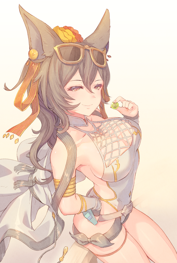 1girl animal_ears bangs black_hair breasts brown_eyes brown_hair cleavage commentary_request erune eyewear_on_head granblue_fantasy hair_between_eyes hair_ornament hand_on_hip ilsa_(granblue_fantasy) ilsa_(summer)_(granblue_fantasy) large_breasts long_hair looking_at_viewer multicolored_hair official_alternate_costume one-piece_swimsuit simple_background smile solo sunglasses swimsuit thigh_strap tomamatto white_one-piece_swimsuit