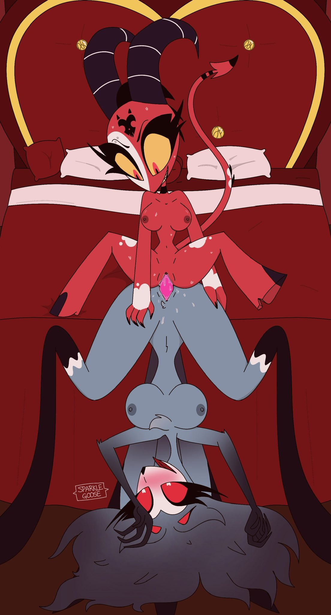 &lt;3 &lt;3_eyes anthro anthro_on_anthro avian beak bed bird blitzo_(helluva_boss) blue_body blue_feathers blush bodily_fluids breasts claws crossgender demon detailed_background dildo dildo_in_pussy dildo_insertion double_dildo duo fangs feathers female female/female female_penetrated female_penetrating female_penetrating_female furniture genital_fluids helluva_boss hi_res horn imp looking_pleasured mature_female multi_eye mutual_penetration nipples nude on_bed open_mouth open_smile owl penetration pussy_juice red_body red_eyes sex sex_toy sex_toy_in_pussy sex_toy_insertion smile sparklegoosy stolas_(helluva_boss) teeth vaginal vaginal_penetration