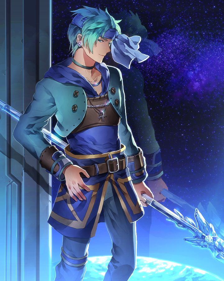 1boy blue_eyes green_hair holding holding_polearm holding_weapon hoshi_wo_miru_hito night night_sky polearm shiba_(hoshi_wo_miru_hito) short_hair sky smile solo spear stargazer_(series) sunakumo weapon window