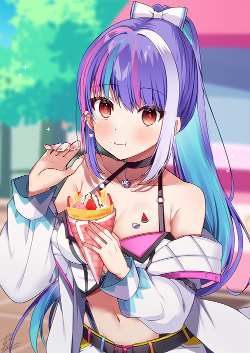 1girl :t armpit_crease bare_shoulders belt black_choker bow breasts choker cleavage commission crepe crop_top eating food hair_bow halterneck hand_up highleg holding jacket jewelry long_hair long_sleeves looking_at_viewer medium_breasts midriff multicolored_hair navel necklace off_shoulder omuretsu open_clothes open_jacket original outdoors panty_straps ponytail purple_hair red_eyes shirt skeb_commission sleeveless sleeveless_shirt solo spaghetti_strap stomach streaked_hair two-tone_hair upper_body very_long_hair white_jacket white_shirt