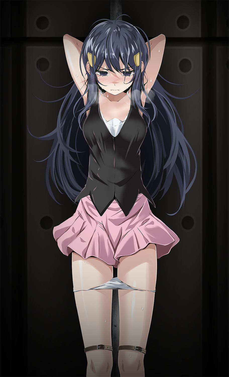 1girl against_wall arms_behind_head arms_up black_eyes black_shirt blue_hair blush closed_mouth collarbone dawn_(pokemon) highres indoors long_hair looking_down messy_hair miniskirt panties panty_pull pink_skirt pleated_skirt pokemon pokemon_(game) pokemon_dppt restrained shiny shiny_hair shiny_skin shirt skirt sleeveless sleeveless_shirt solo standing straight_hair sweatdrop thigh_gap tsukishiro_saika underwear very_long_hair white_panties