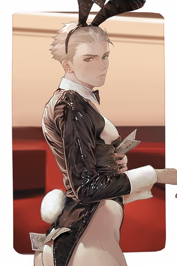 1boy animal_ears ass black_leotard blush closed_mouth detached_collar holding holding_money leotard m_gyakutai male_focus male_playboy_bunny megido72 money money_tuck nipples rabbit_ears rabbit_tail ronove_(megido72) short_hair solo tail white_hair wrist_cuffs