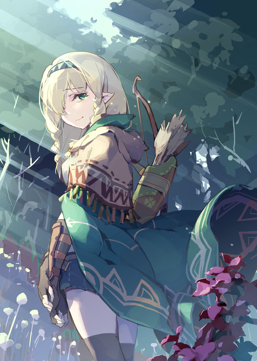 1girl arrow_(projectile) bangs black_thighhighs blonde_hair bow_(weapon) braid cape character_request chinese_commentary closed_mouth commentary_request copyright_request cowboy_shot day fingerless_gloves flower forest from_behind gloves green_cape green_eyes green_hairband hair_over_one_eye hairband highres long_hair looking_at_viewer low_twin_braids nature official_art one_eye_covered outdoors pink_flower pointy_ears quiver shorts solo standing sunlight tennohi thighhighs tree twin_braids weapon