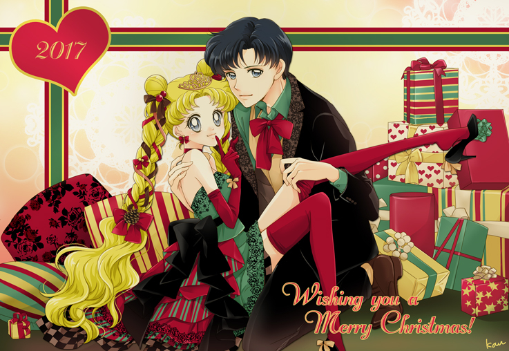 1boy 1girl 2017 bishoujo_senshi_sailor_moon black_footwear black_hair black_jacket black_pants blonde_hair bow bowtie box brown_footwear chiba_mamoru choker closed_mouth collared_shirt couple diadem dress earrings elbow_gloves gift gift_box gloves green_dress green_shirt hair_intakes heart high_heels index_finger_raised jacket jewelry layered_dress long_hair looking_at_viewer merry_christmas open_clothes open_jacket pants pumps red_bow red_bowtie red_choker red_gloves red_thighhighs sarashina_kau shiny shiny_hair shirt short_dress short_hair smile strapless strapless_dress thighhighs tsukino_usagi very_long_hair vest wing_collar yellow_vest