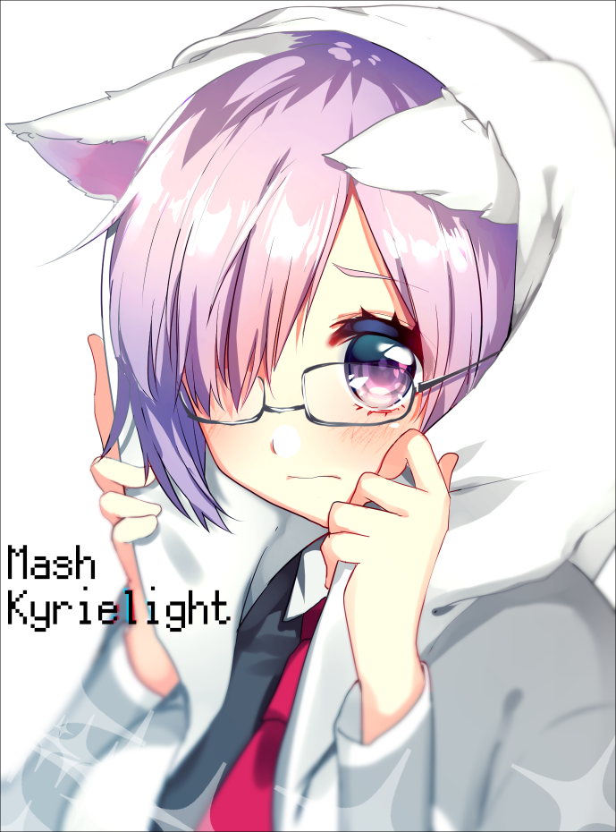 1girl animal_ears black_shirt blush cat_ears character_name closed_mouth embarrassed fate/grand_order fate_(series) glasses grey_jacket hair_over_one_eye hood hood_up hooded_jacket hoodie jacket kemonomimi_mode looking_at_viewer mash_kyrielight necktie pink_hair portrait purple_eyes red_necktie shiny shiny_hair shirt short_hair solo towakarasu white_background white_hoodie