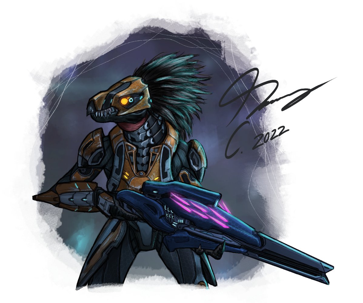 2022 3_fingers alien alien_humanoid ambiguous_gender anthro armor avian beak black_body black_feathers claws colored cuisse fangs feather_hair feathered_crest feathers finger_claws fingers glowing glowing_eyes grey_body grey_skin gun guyver89 halo_(series) head_crest headgear helmet holding_gun holding_object holding_rifle holding_weapon humanoid kig-yar male_(lore) microsoft needle_rifle pickled_gear pseudo_hair ranged_weapon scaled_hands scales scalie shaded simple_background solo spaulder standing t'vaoan teeth vambraces weapon xbox_game_studios yellow_eyes