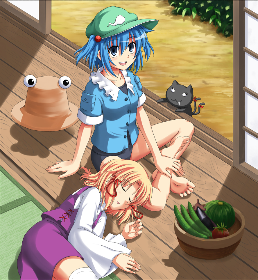 barefoot blonde_hair blue_eyes blue_hair bluepony cucumber eggplant eyes feet food hair_bobbles hair_ornament hands_on_feet hat hat_removed headwear_removed indian_style kaenbyou_rin kaenbyou_rin_(cat) kawashiro_nitori lying moriya_suwako multiple_girls on_side school_swimsuit short_hair sitting sleeping smile swimsuit swimsuit_under_clothes thighhighs tomato touhou twintails two_side_up vegetable
