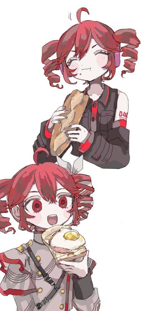 2girls ahoge arm_tattoo baguette black_sleeve_cuffs black_sleeves bow bread bread_slice breast_pocket buttons closed_eyes collared_shirt cropped_torso detached_sleeves double-breasted double-parted_bangs drill_hair dual_persona eating ebi834 egg_(food) fingernails flat_chest food food_on_face grey_jacket hair_between_eyes hair_bow hair_ribbon ham hand_up headphones holding holding_food jacket kasane_teto kasane_teto_(sv) long_sleeves meat multiple_girls nail_polish number_tattoo open_mouth pocket red_eyes red_hair red_nails red_trim ribbon shirt shoulder_boards simple_background sleeve_cuffs sleeveless sleeveless_shirt sleeves_past_elbows smile striped_clothes striped_jacket synthesizer_v tattoo teeth tongue twin_drills upper_teeth_only utau white_background white_bow white_ribbon wing_collar