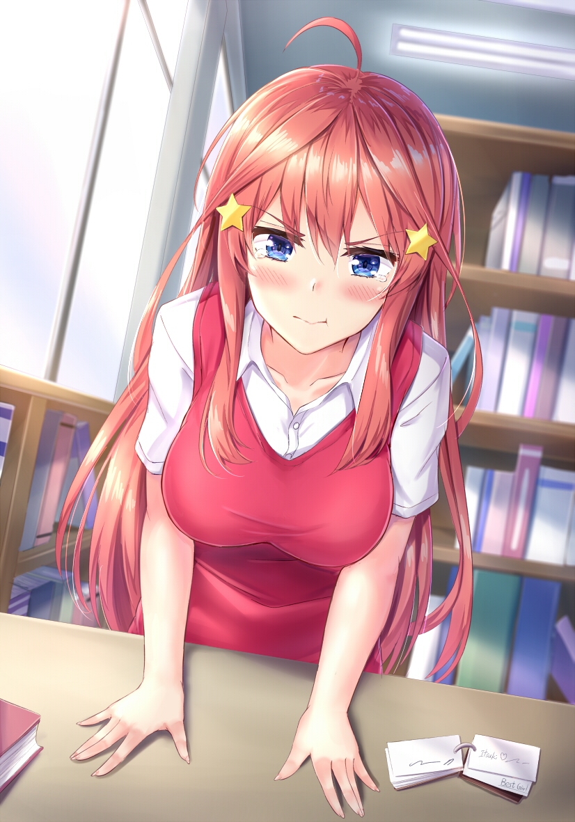 1girl ahoge bangs blue_eyes blush book bookshelf breasts collarbone eyebrows_visible_through_hair fingernails go-toubun_no_hanayome hair_between_eyes hair_ornament indoors library long_hair looking_at_viewer medium_breasts muwa12 nakano_itsuki red_hair red_sweater shirt short_sleeves sleeveless_sweater solo star star_hair_ornament sweater table white_shirt window