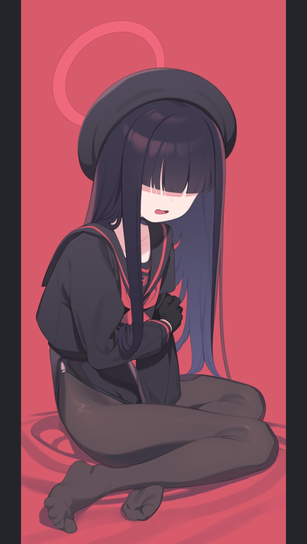 1girl bangs beret black_border black_gloves black_hair black_headwear black_pantyhose black_sailor_collar black_serafuku blue_archive blunt_bangs border commentary_request faceless faceless_female feet full_body gloves halo hat highres hime_cut justice_committee_club_member_(blue_archive) kaniman legs leotard long_hair long_sleeves neckerchief no_eyes no_shoes open_mouth pantyhose pillarboxed red_background red_neckerchief sailor_collar school_uniform serafuku sitting solo spread_toes straight_hair toe_scrunch toes very_long_hair yokozuwari