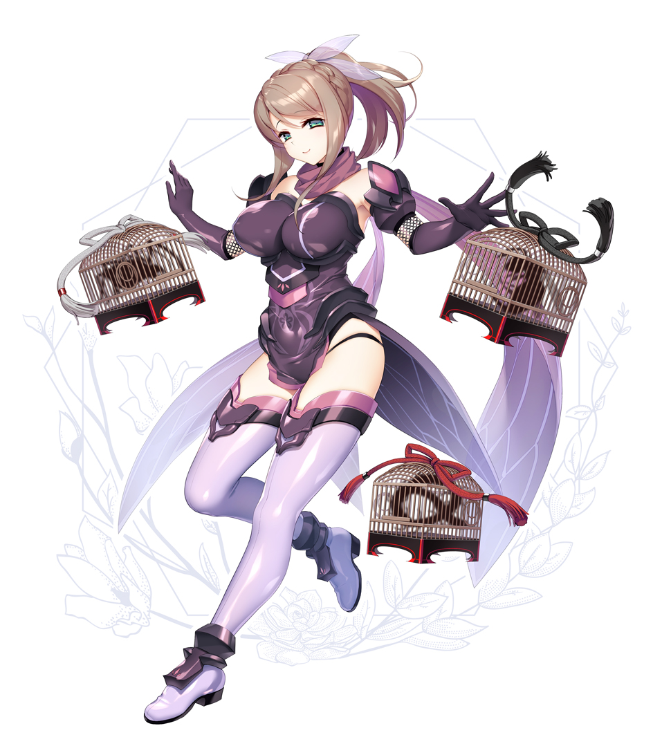1girl breasts brown_hair cage character_request elbow_gloves escalation_heroines fishnets full_body gloves green_eyes huge_breasts light_smile looking_at_viewer ninja official_art pelvic_curtain ponytail scarf smile solo_focus thighhighs tsuyuta_kome
