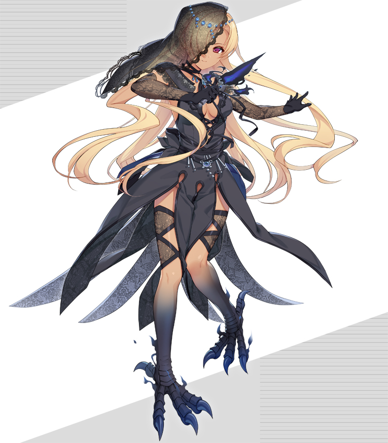 1girl black_dress black_gloves black_veil blonde_hair breasts character_request dagger dark_skin dress escalation_heroines full_body gloves hair_over_one_eye holding holding_dagger holding_knife holding_weapon knife light_smile long_hair medium_breasts official_art red_eyes simple_background solo tsuyuta_kome veil weapon