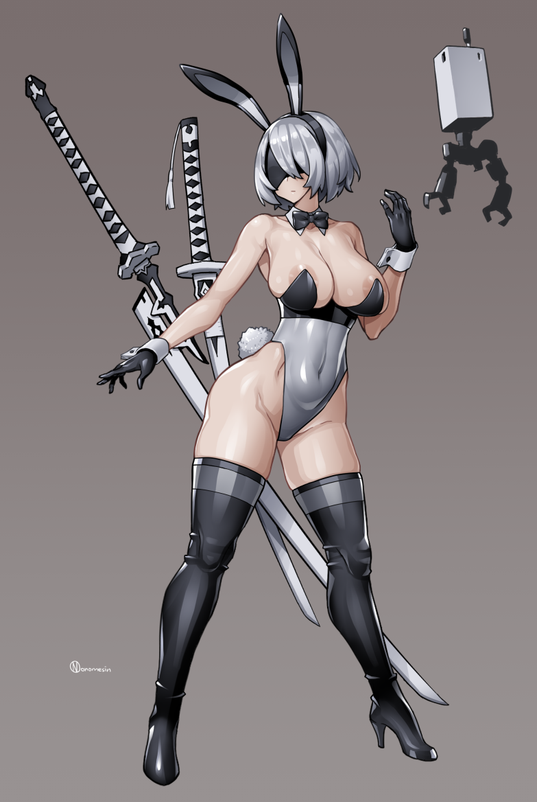 1girl animal_ears areola_slip bare_shoulders black_bow black_bowtie black_gloves black_hairband blindfold boots bow bowtie breasts closed_mouth covered_navel detached_collar fake_animal_ears full_body gloves grey_background grey_hair groin hairband hand_up high_heel_boots high_heels highleg highleg_leotard katana large_breasts leotard nier_(series) nier_automata nontraditional_playboy_bunny onomeshin playboy_bunny pod_(nier_automata) rabbit_ears rabbit_tail short_hair signature simple_background sword tail tassel thigh_boots thighs weapon wrist_cuffs yorha_no._2_type_b