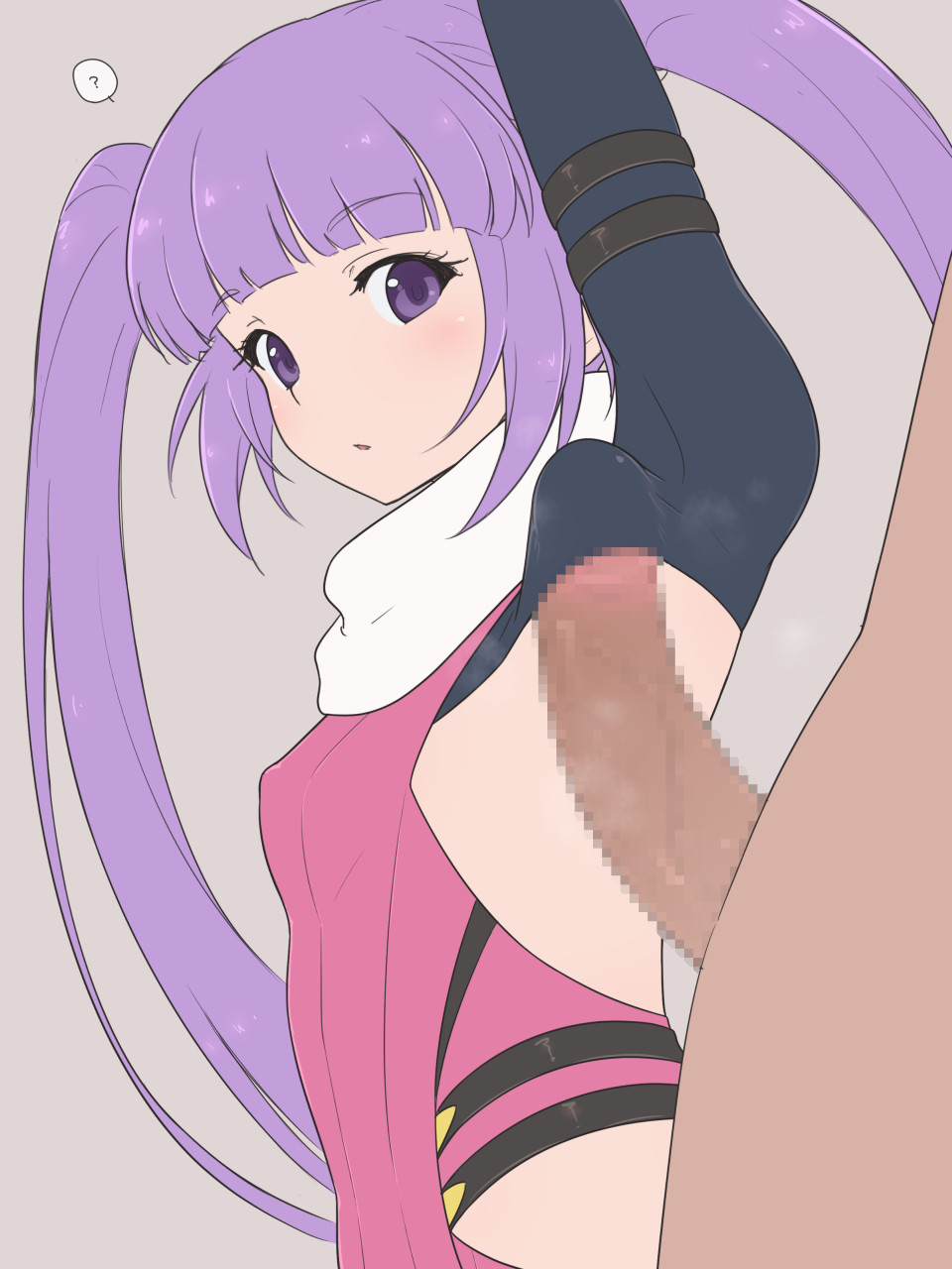 1boy 1girl ? arm_up armpit_sex bangs black_sleeves blunt_bangs blush breasts clothed_female_nude_male covered_nipples grey_background hetero highres kiikii_(kitsukedokoro) leotard long_hair looking_at_penis nude penis pink_leotard purple_eyes purple_hair scarf small_breasts solo_focus sophie_(tales) spoken_question_mark tales_of_(series) tales_of_graces tight twintails very_long_hair white_scarf