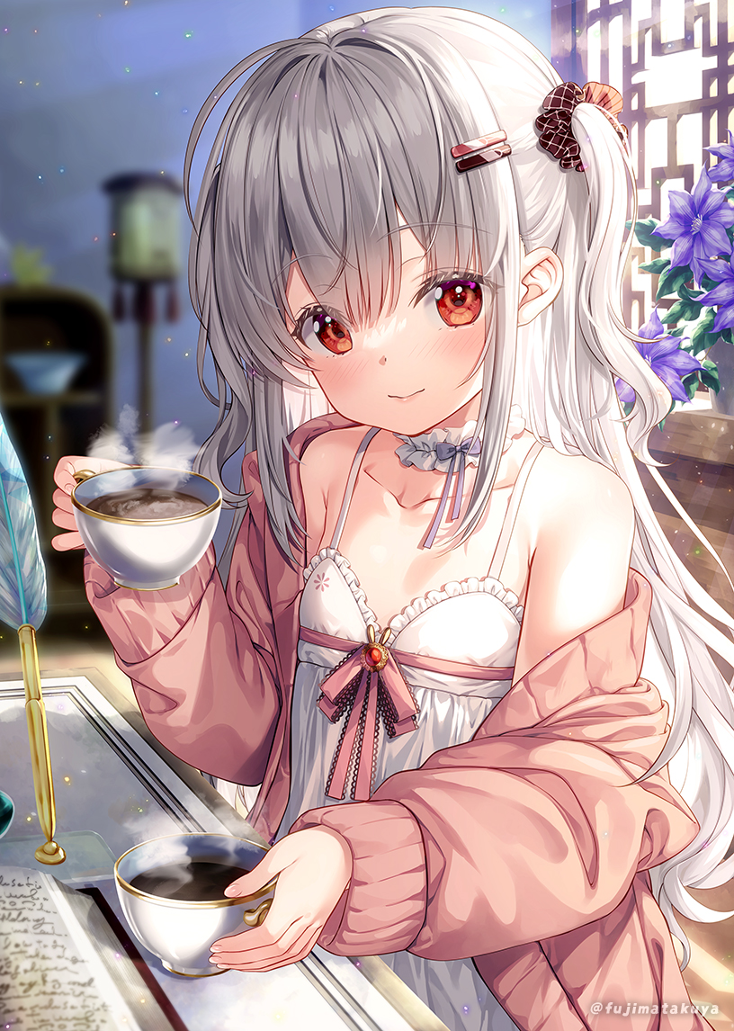1girl bangs blurry blurry_background closed_mouth coffee collarbone commentary_request cup day depth_of_field dress flat_chest flower frilled_dress frills fujima_takuya grey_hair hair_between_eyes holding holding_cup indoors isekai_ni_tobasaretara_papa_ni_nattandaga jacket long_hair long_sleeves off_shoulder open_clothes open_jacket orurea_(isepapa) pink_jacket puffy_long_sleeves puffy_sleeves purple_flower red_eyes sleeveless sleeveless_dress sleeves_past_wrists smile solo steam sunlight two_side_up very_long_hair white_dress window