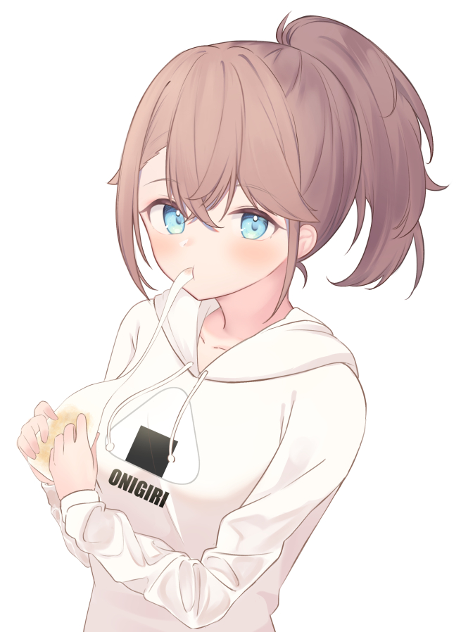 1girl bangs blue_eyes breasts brown_hair clothes_writing commentary_request eating food hair_between_eyes holding holding_food hood hood_down hoodie long_sleeves medium_breasts mochi onigiri_print original ponytail roido_(taniko-t-1218) simple_background sleeves_past_wrists solo upper_body white_background white_hoodie