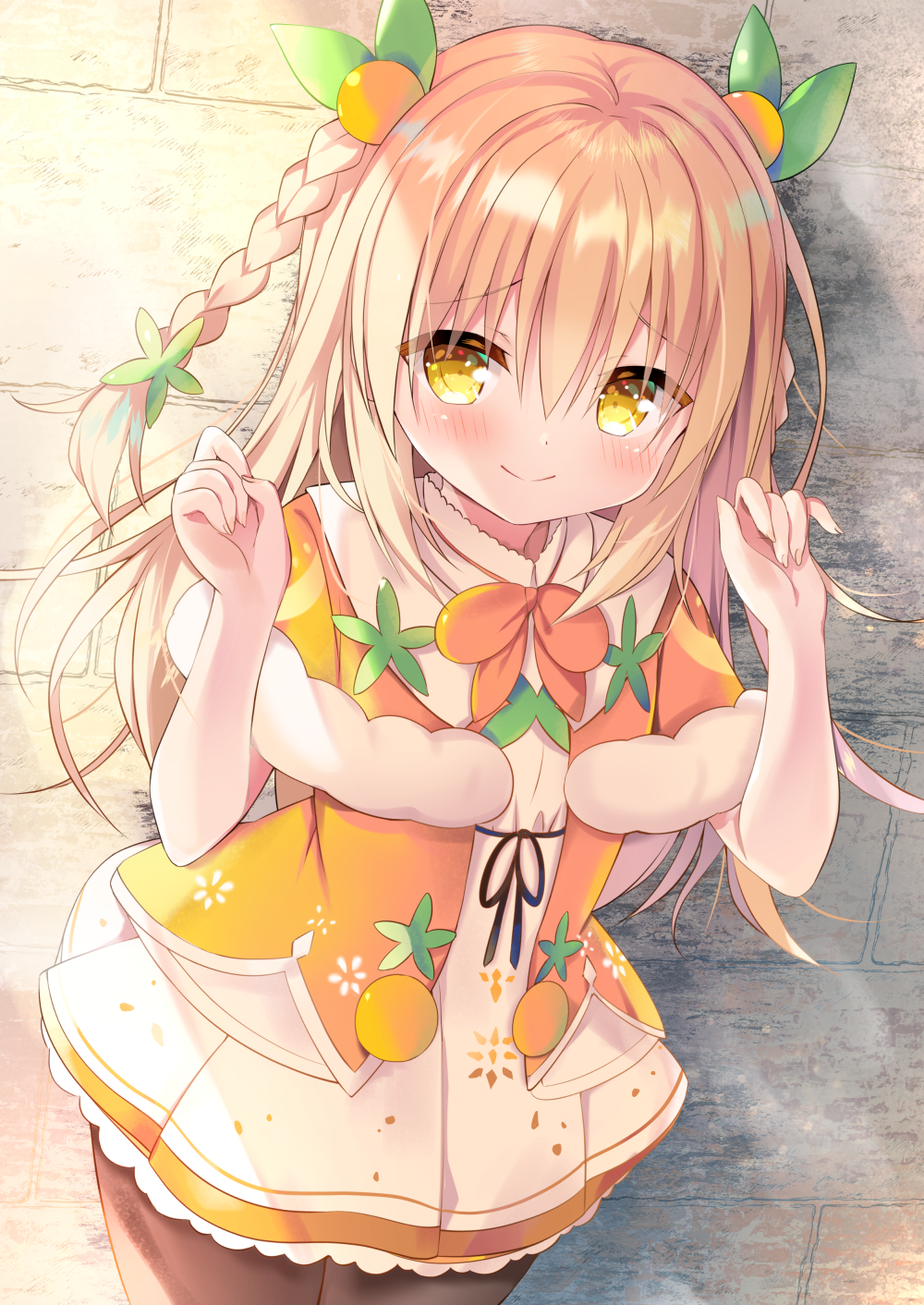 1girl blonde_hair blush bow bowtie braid capelet flower_knight_girl fruit_hair_ornament fur-trimmed_capelet fur_trim hair_between_eyes highres huei_nazuki long_hair looking_at_viewer smile solo wall yellow_eyes yuzu_(flower_knight_girl)