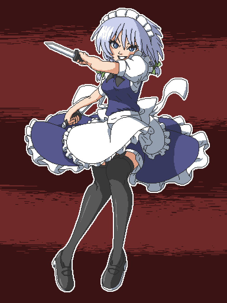 1girl aksawshin apron black_footwear blue_dress blue_eyes bow braid dress embodiment_of_scarlet_devil full_body garter_straps green_bow grey_hair hair_bow izayoi_sakuya knife maid maid_headdress medium_hair pixel_art puffy_short_sleeves puffy_sleeves red_background short_sleeves smile solo thighhighs touhou twin_braids waist_apron waist_bow white_apron white_bow