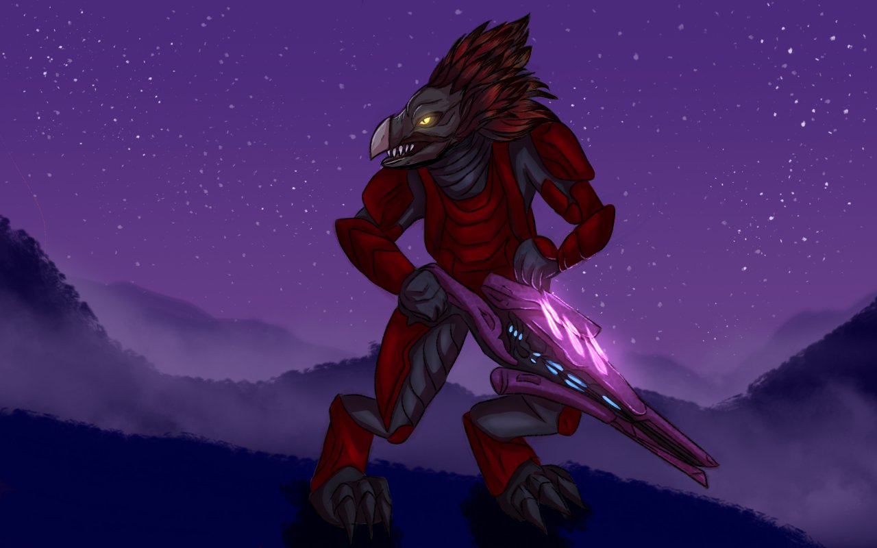 3_toes alien alien_humanoid ambiguous_gender anthro armor avian beak body_armor claws colored cuirass cuisse fangs feather_hair feathered_crest feathers feet glowing glowing_eyes gun halo_(series) head_crest holding_gun holding_object holding_weapon humanoid kig-yar landscape microsoft needle_rifle night pseudo_hair ranged_weapon red_body red_feathers scalie shaded sky solo spaulder standing star starry_sky t'vaoan teeth toe_claws toes voidspawn01 weapon xbox_game_studios yellow_eyes