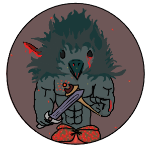 ails animal_humanoid anthro avian avian_humanoid blood blood_on_face bodily_fluids dungeons_and_dragons hasbro humanoid low_res magic_user male melee_weapon muscular solo sword swordsman weapon wizards_of_the_coast