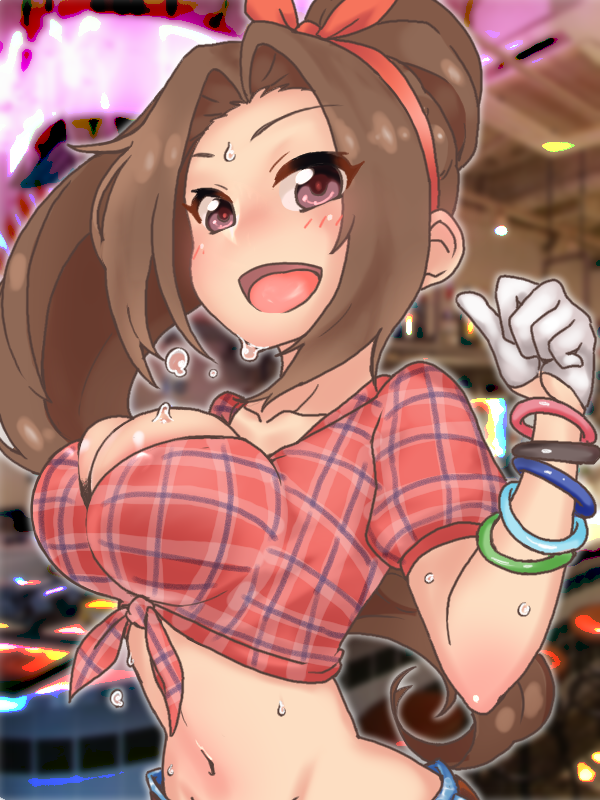 1girl aino_nagisa armlet blurry blurry_background blush bouncing_breasts bow breasts brown_hair check_commentary cleavage collarbone commentary commentary_request crop_top eyelashes flying_sweatdrops gloves hair_bow idolmaster idolmaster_cinderella_girls kurushima_gire large_breasts looking_at_viewer navel open_mouth ponytail purple_eyes shirt short_sleeves smile stomach sweat tied_shirt tongue upper_body