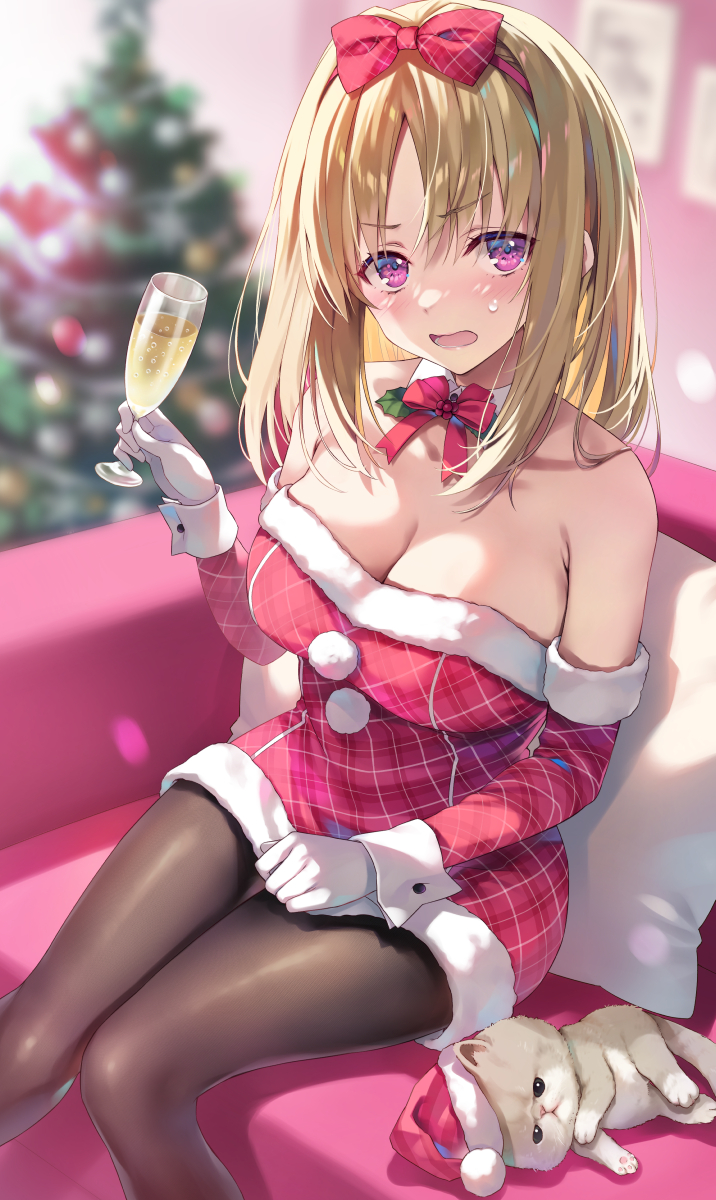 1girl bangs bare_shoulders blurry blurry_background blush bow bowtie breasts brown_hair brown_pantyhose christmas_tree cleavage collar cup detached_collar detached_sleeves dress drinking_glass feet_out_of_frame fur-trimmed_dress fur-trimmed_sleeves fur_trim gloves hair_bow hat highres holding holding_cup knees_together_feet_apart kushida_kikyou large_breasts long_sleeves looking_at_viewer medium_hair off-shoulder_dress off_shoulder open_mouth pantyhose pillow pink_eyes plaid plaid_bow plaid_dress plaid_sleeves red_bow red_bowtie red_dress red_headwear santa_hat sidelocks sitting solo sweatdrop tomose_shunsaku white_collar white_gloves wrist_cuffs youkoso_jitsuryoku_shijou_shugi_no_kyoushitsu_e