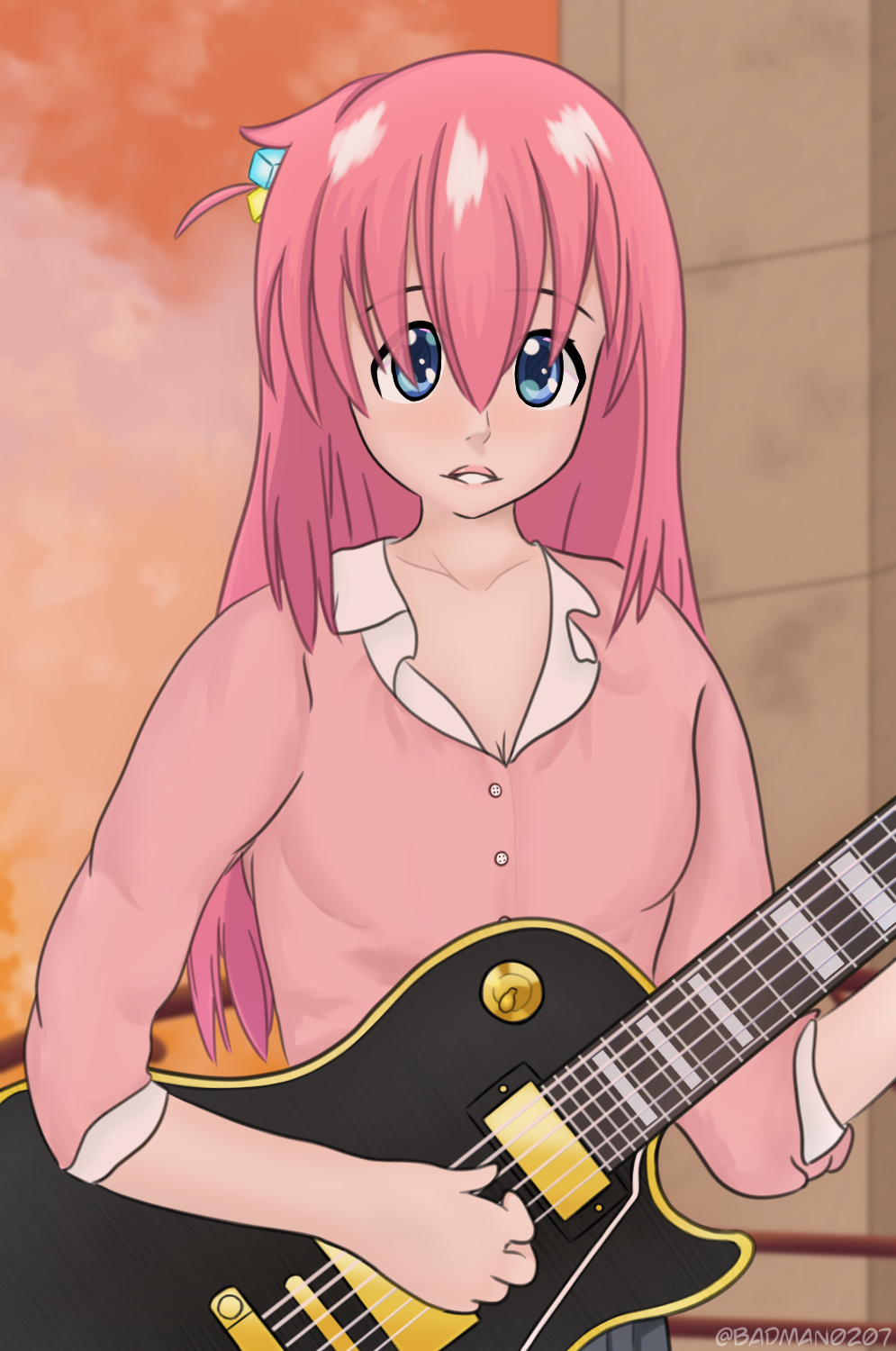 1girl badman0207 blue_eyes bocchi_the_rock! electric_guitar evening gibson_les_paul gotou_hitori guitar hair_between_eyes highres instrument music open_mouth outdoors pink_hair playing_instrument self_upload shirt sunset ugly_woman