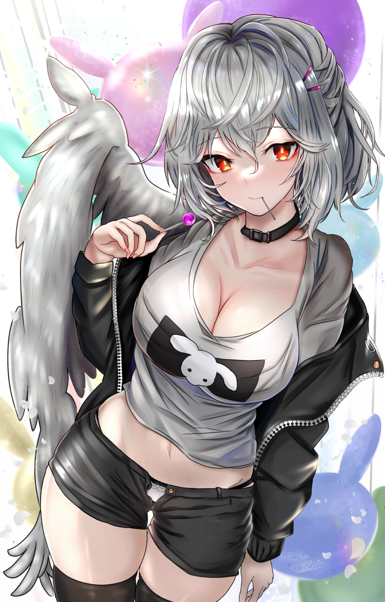 1girl black_choker black_jacket black_shorts black_thighhighs breasts bright_pupils candy choker cleavage cowboy_shot food grey_hair hair_ornament hairclip hand_up highres holding holding_candy holding_food holding_lollipop houdukixx jacket kishin_sagume large_breasts lollipop long_sleeves looking_at_viewer midriff mouth_hold navel off_shoulder open_clothes open_fly open_jacket panties panty_peek red_eyes shirt short_hair short_shorts shorts single_wing solo standing thighhighs thighs touhou underwear white_panties white_shirt wings