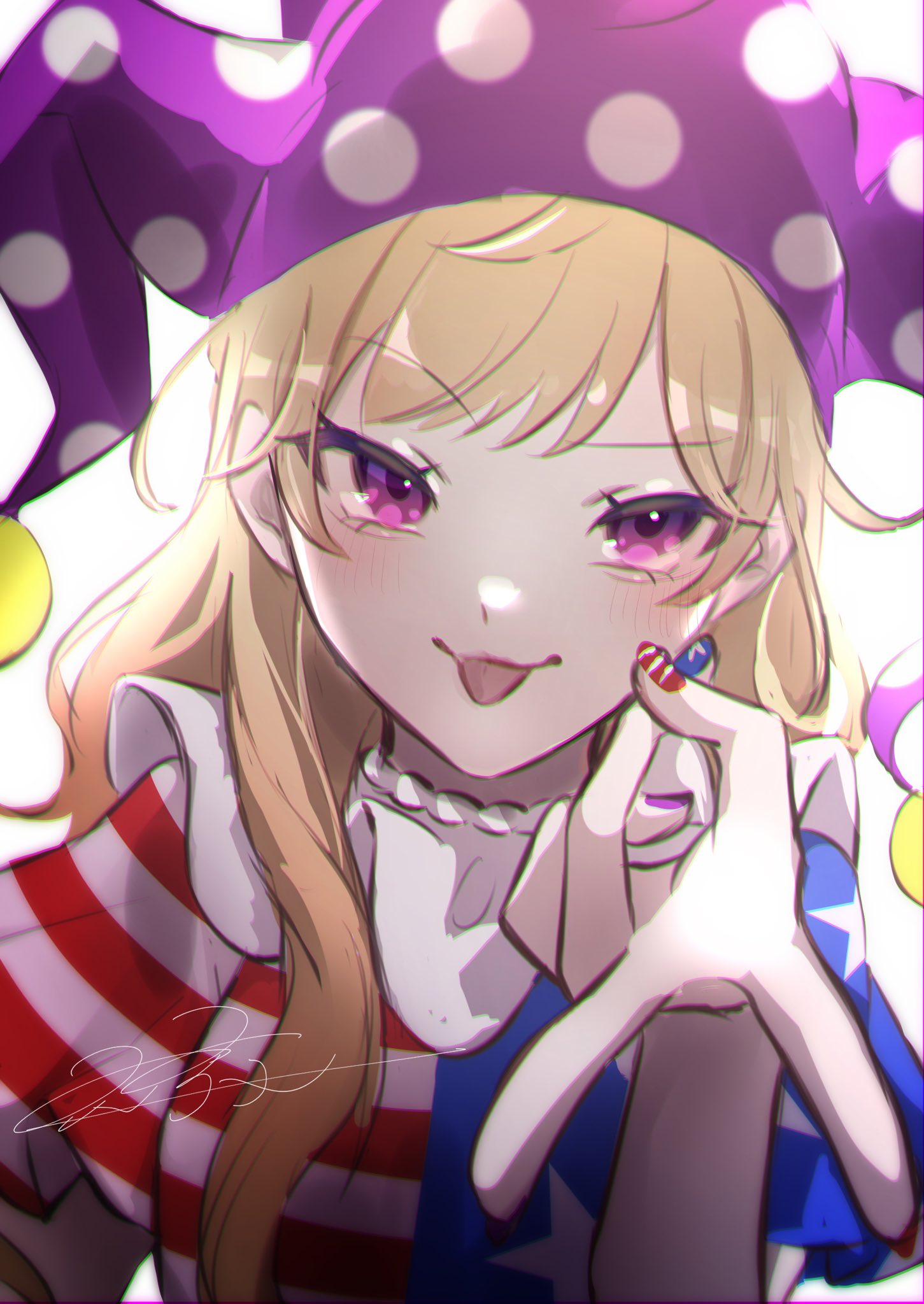 1girl american_flag_dress blonde_hair blue_nails blush clownpiece dress fingernails hat highres jester_cap long_hair nail_polish one-hour_drawing_challenge pink_eyes pink_headwear polka_dot polka_dot_headwear red_nails rokuya_(68_zusao) short_sleeves signature simple_background smile solo striped striped_dress tongue tongue_out touhou upper_body white_background