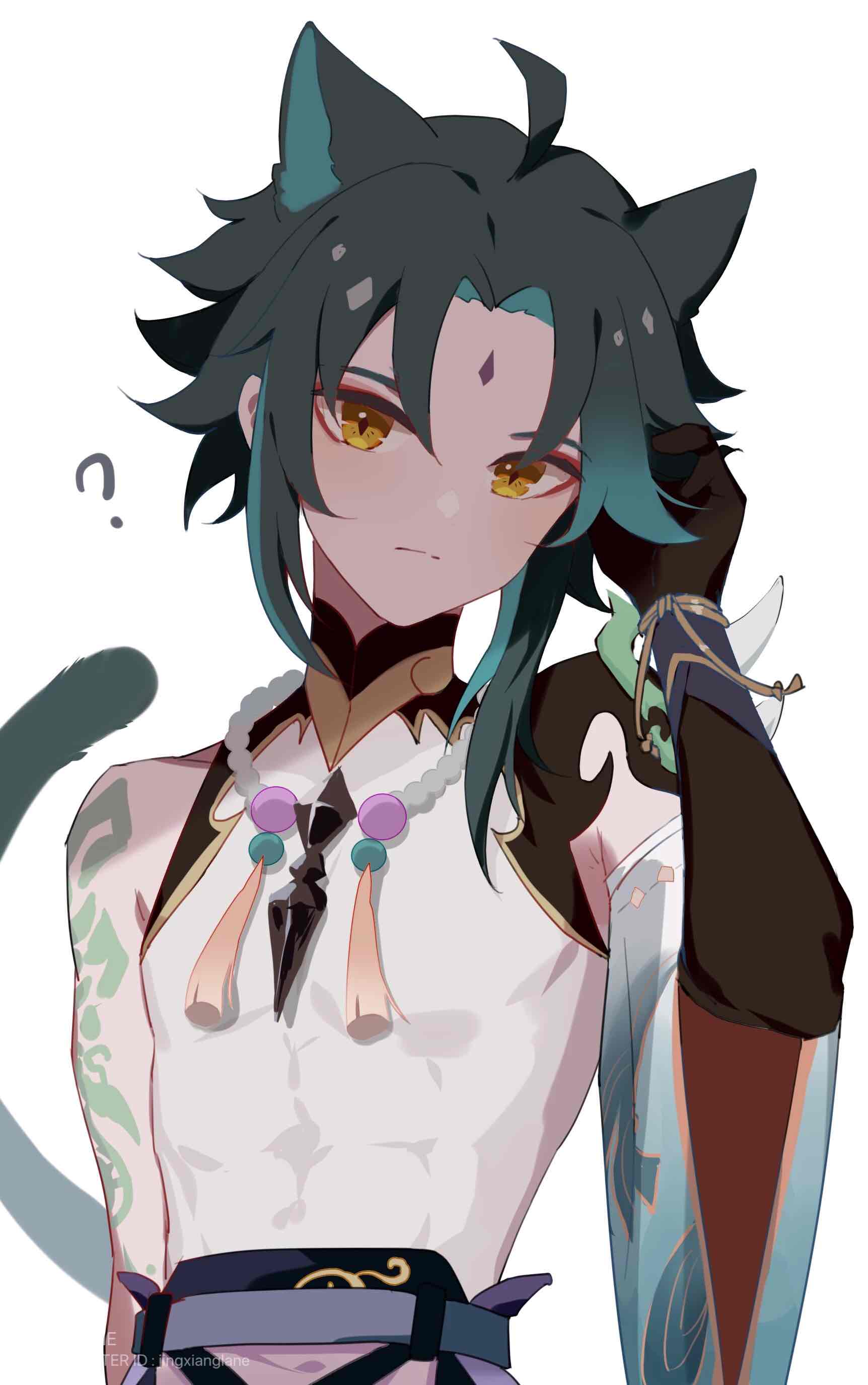 1boy ? absurdres ahoge animal_ears arm_tattoo arm_up armor artist_name artist_request bangs bare_shoulders belt black_gloves blue_belt blue_hair cat_ears cat_tail closed_mouth crystal detached_sleeves elbow_gloves genshin_impact gloves gradient gradient_hair grey_hair hair_between_eyes hand_on_own_head hand_up highres jewelry long_sleeves looking_to_the_side male_focus mandarin_collar multicolored_hair necklace pearl_necklace red_eyeliner shirt short_hair shoulder_armor simple_background single_detached_sleeve single_elbow_glove single_glove sleeveless sleeveless_shirt solo standing tail tassel tattoo two-tone_hair vision_(genshin_impact) watermark white_background white_shirt wide_sleeves xiao_(genshin_impact) yellow_eyes