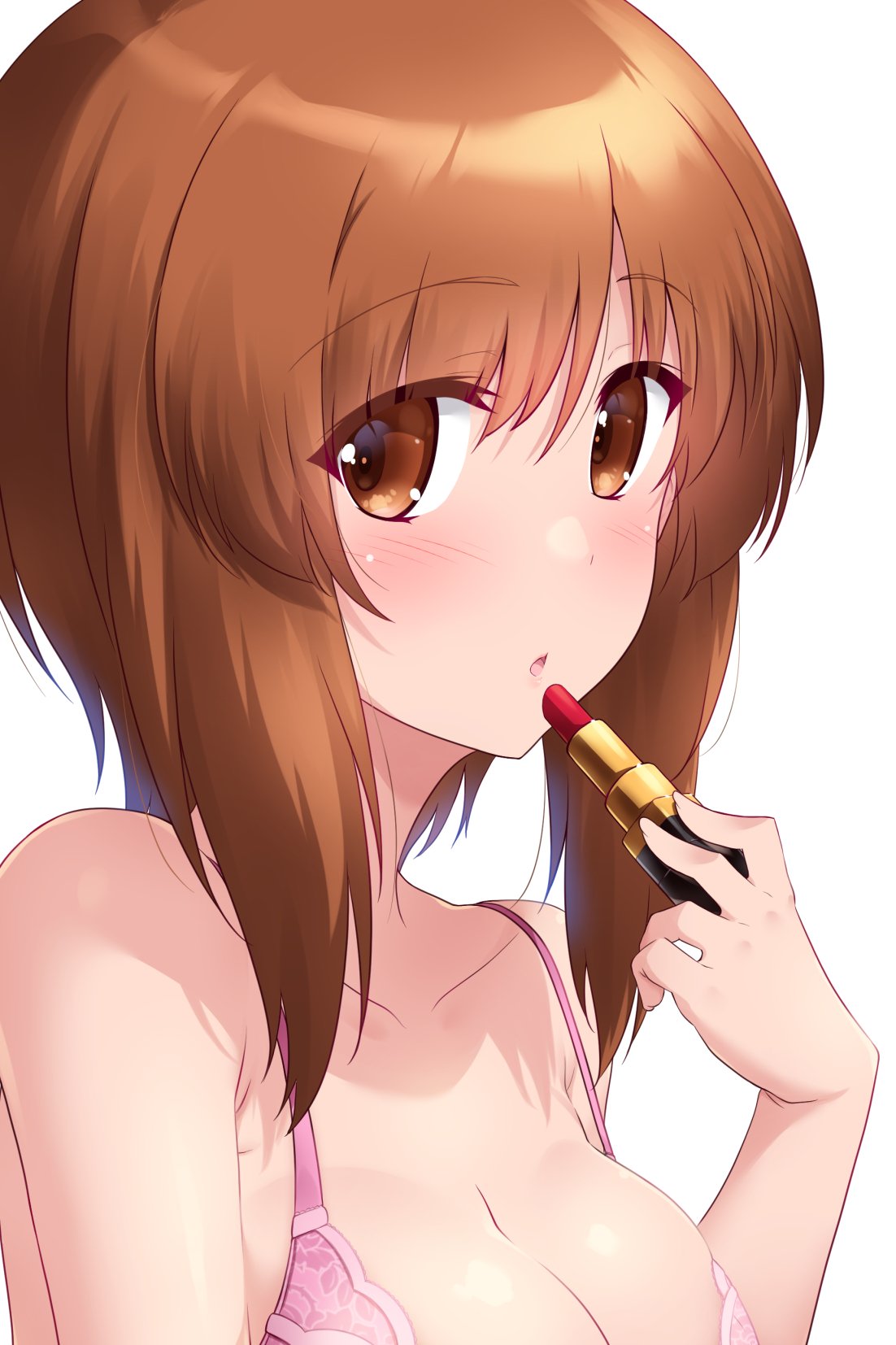 1girl blush bra breasts brown_eyes brown_hair cleavage collarbone girls_und_panzer highres kuzuryuu_kennosuke large_breasts lipstick looking_at_viewer makeup nishizumi_miho open_mouth pink_bra shiny_hair shiny_skin short_hair simple_background solo underwear white_background