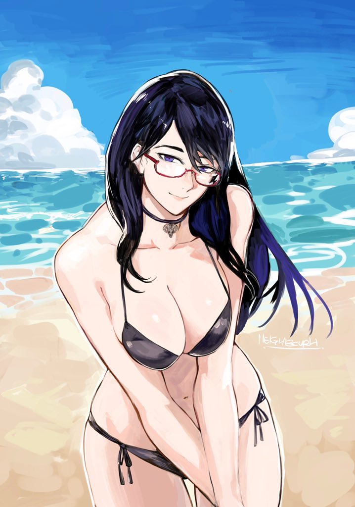 1girl alternate_costume artist_name bangs bare_shoulders bikini black_bikini black_choker black_hair blue_eyes choker cloud collarbone cowboy_shot day glasses kamishiro_rize leaning_forward navel outdoors red-framed_eyewear shiny_hair side-tie_bikini_bottom smile solo swimsuit tokyo_ghoul water yourfreakyneighbourh