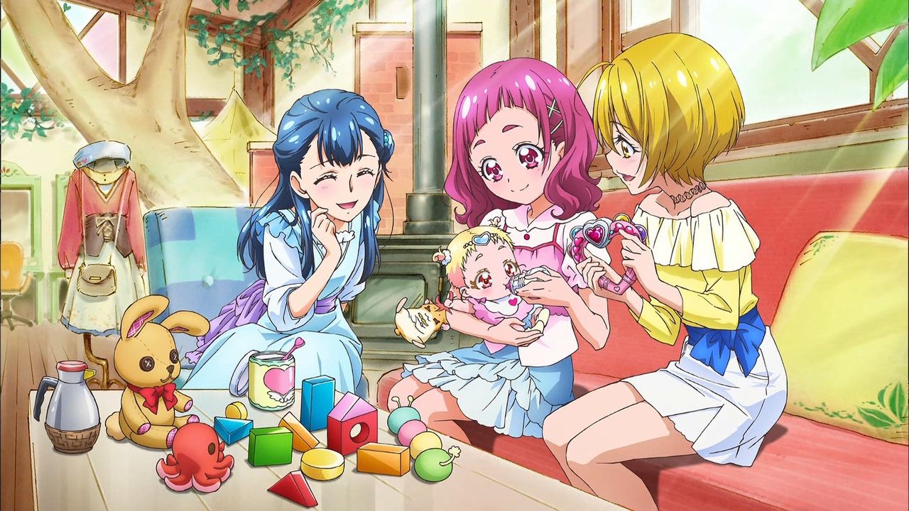 3girls :d aisaki_emiru blonde_hair blue_dress blue_hair blue_skirt closed_eyes closed_mouth dress hair_ornament hairclip harryham_harry hug-tan_(precure) hugtto!_precure indoors kagayaki_homare leaning_forward long_hair miniskirt multiple_girls nono_hana off-shoulder_shirt off_shoulder open_mouth precure profile red_eyes red_hair shiny_hair shirt short_hair short_sleeves sitting skirt smile sunlight white_shirt white_skirt x_hair_ornament yellow_eyes yellow_shirt