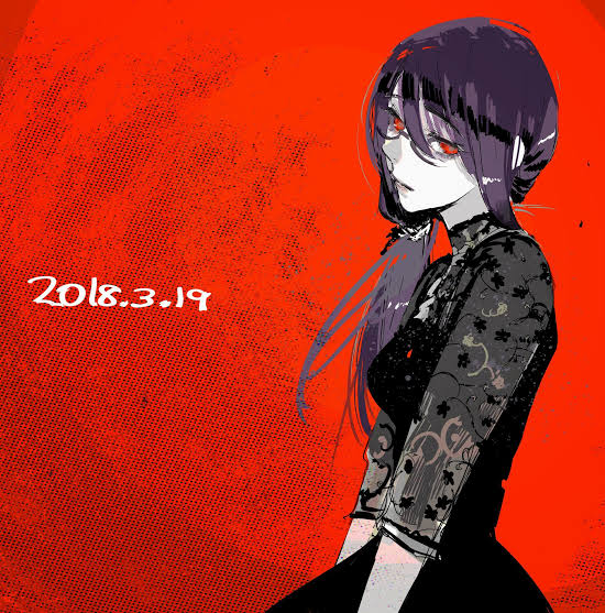 1girl bangs black_dress closed_mouth cowboy_shot dated dress from_side glasses grey_dress kamishiro_rize ponytail purple_hair red_background red_eyes shiny_hair side_ponytail solo tokyo_ghoul yourfreakyneighbourh