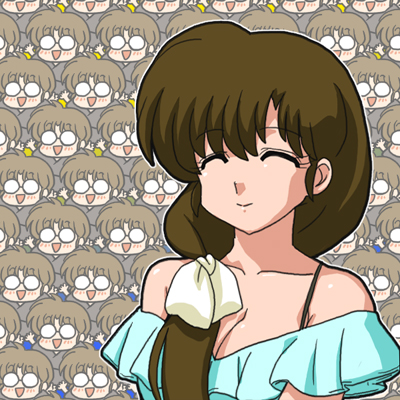 1girl blush breasts brown_hair cleavage closed_eyes couple glasses happy lowres ono_tofu open_mouth ranma_1/2 smile tendou_kasumi wanta_(futoshi)