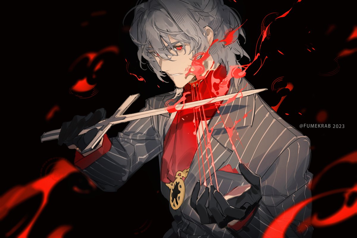 1boy antonio_salieri_(fate) antonio_salieri_(second_ascension)_(fate) artist_name ascot black_background black_gloves breast_pocket clenched_teeth fate/grand_order fate_(series) frown gloves grey_hair hair_between_eyes hair_intakes half_updo holding holding_sword holding_weapon instrument krab_(fumekrab) lapels long_sleeves looking_at_viewer male_focus medallion music notched_lapels pinstripe_pattern pinstripe_suit playing_instrument pocket red_ascot red_eyes shirt short_hair simple_background string striped striped_suit suit sword teeth twitter_username upper_body weapon white_shirt