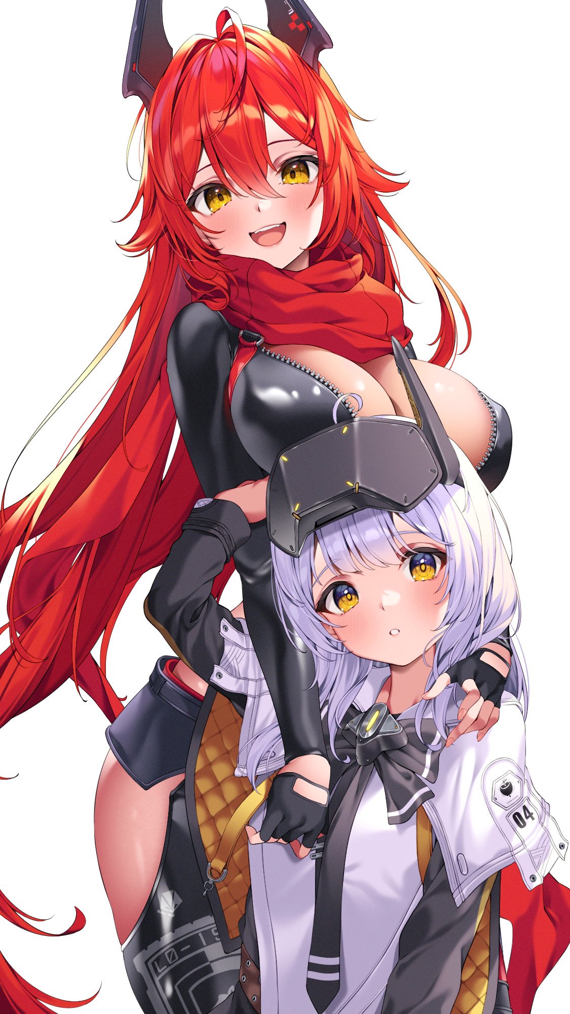 2girls @shun black_gloves blush breasts cleavage cloak closed_mouth cowboy_shot cropped_jacket dress fingerless_gloves gloves goddess_of_victory:_nikke hair_between_eyes head-mounted_display height_difference highres hip_vent horns jacket large_breasts leather leather_jacket leather_pants long_hair long_sleeves looking_at_viewer mechanical_horns multiple_girls open_mouth pants red_hair red_hood_(nikke) red_scarf scarf smile snow_white:_innocent_days_(nikke) snow_white_(nikke) unzipped visor_lift white_cloak white_hair yellow_eyes