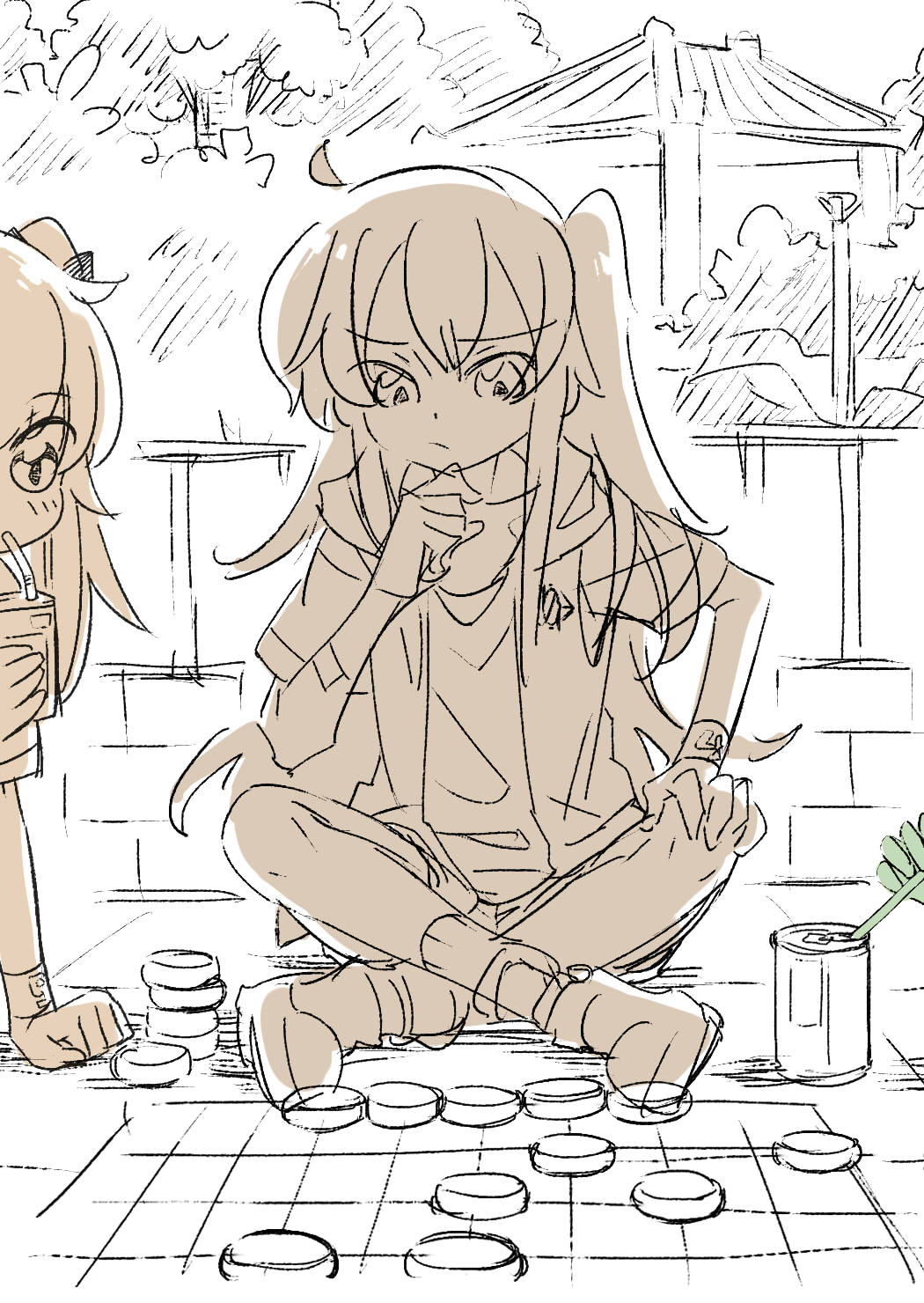 2girls ahoge board_game can chinese_commentary commentary_request drinking drinking_straw foliage full_body girls'_frontline hair_between_eyes hair_ribbon hand_on_own_knee highres indian_style jacket juice_box leaf long_hair looking_down multiple_girls one_side_up partially_colored ribbon shirt shoes short_sleeves sitting socks su_xiao_jei thinking ump45_(girls'_frontline) ump9_(girls'_frontline) wristband