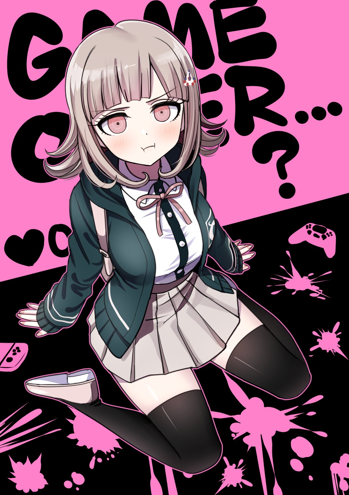 1girl black_background black_thighhighs blush breasts brown_footwear collared_shirt commentary controller danganronpa_(series) danganronpa_2:_goodbye_despair deadnooodles dress_shirt english_text galaga game_controller green_jacket grey_skirt hair_ornament highres hood hood_down hooded_jacket jacket long_hair long_sleeves looking_at_viewer medium_breasts medium_hair nail_polish nanami_chiaki neck_ribbon open_clothes open_jacket outline pink_background pink_eyes pink_nails pink_outline pink_ribbon pleated_skirt pout ribbon shirt shoes sitting skirt sleeves_past_wrists solo text_background thighhighs two-tone_background wariza white_shirt