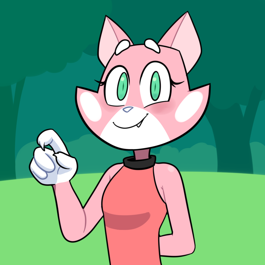 anthro blush claws_out clothing collar colored_line_art domestic_cat dress felid feline felis female forest fur green_eyes hitsuji looking_at_viewer mammal pink_body pink_fur plant shima_luan simple_background solo spots super_planet_dolan tree white_spots