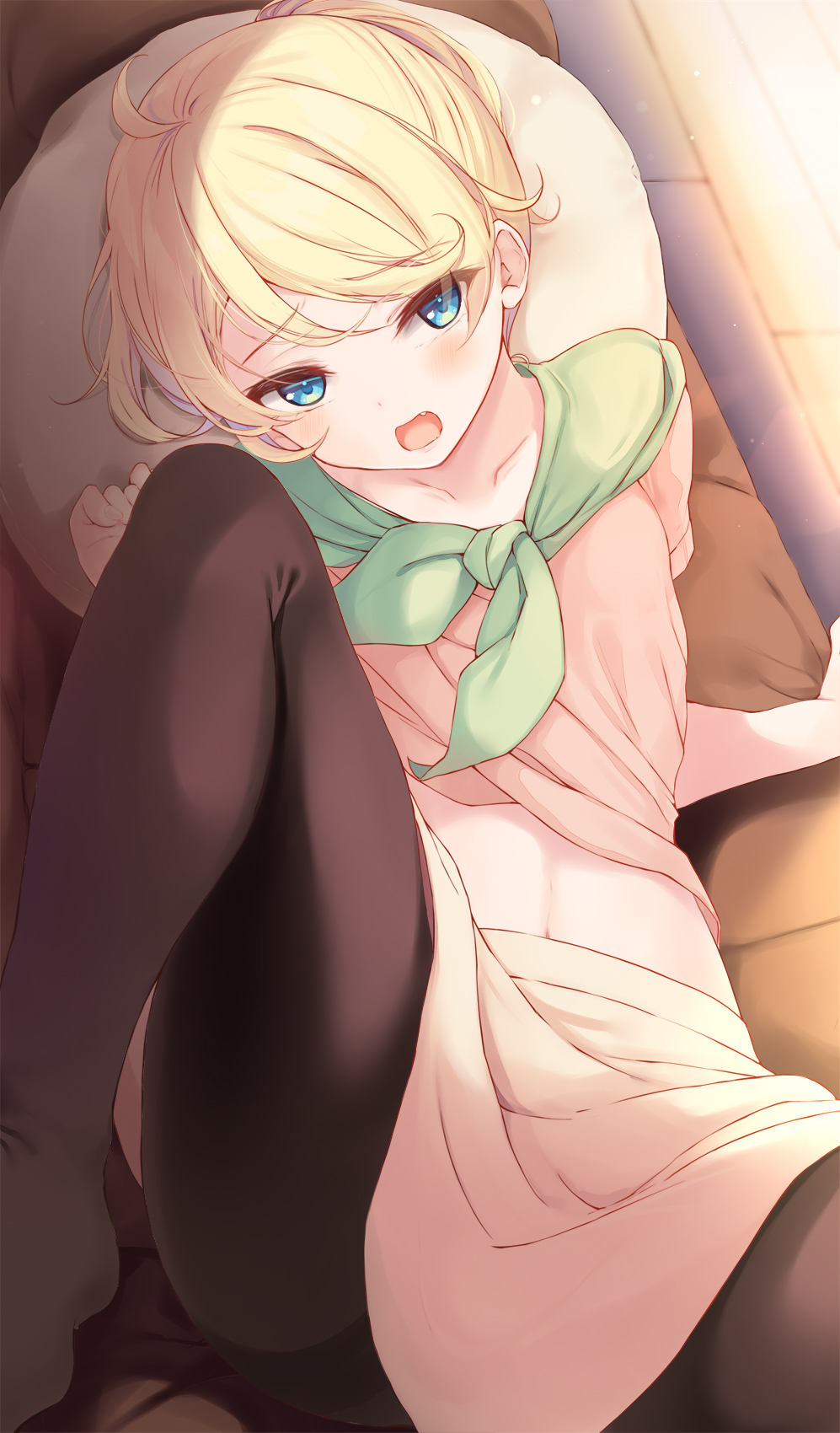 1girl ahoge black_pantyhose blonde_hair blue_eyes blush breasts brown_skirt capelet clothes_between_thighs clothes_lift collarbone commentary_request couch d: dot_nose esia_mariveninne fang furrowed_brow green_capelet highres indoors knee_up komone_ushio looking_at_viewer lying midriff navel on_back on_couch open_mouth original pantyhose pillow pink_shirt ponytail shirt shirt_lift short_hair short_sleeves skirt small_breasts solo very_short_hair