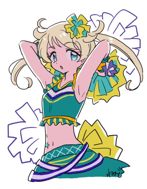 1girl :o armpits arms_behind_head arms_up blonde_hair blue_eyes breasts cheerleader commentary_request cowboy_shot green_shirt green_skirt hair_ornament holding holding_pom_poms kiratto_pri_chan long_hair looking_at_viewer midriff moegi_emo open_mouth pom_pom_(cheerleading) pretty_series rituyama1 shirt signature simple_background skirt sleeveless sleeveless_shirt small_breasts solo standing twintails white_background