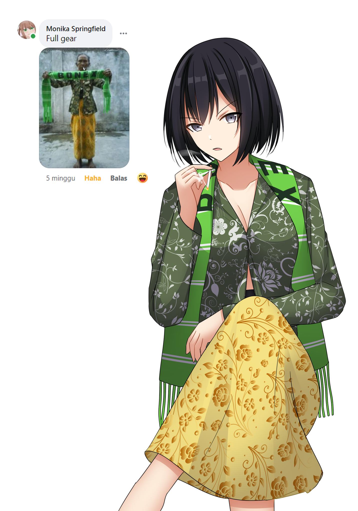 1girl aged_down black_hair breasts cigarette cleavage collarbone crossed_legs facebook fimi_artworks floral_print green_scarf green_shirt grey_eyes highres holding holding_cigarette indonesian_commentary kebaya long_sleeves looking_at_viewer medium_breasts original parted_lips photo_inset scarf shirt short_hair sitting skirt smoking upper_body v-shaped_eyebrows white_background yellow_skirt