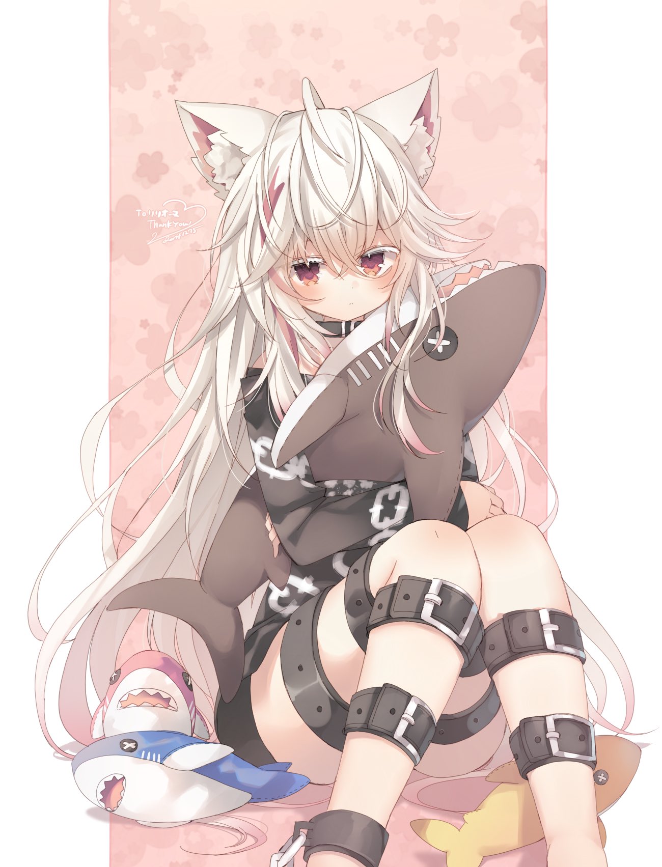 1girl animal_ear_fluff animal_ears belt black_shirt button_eyes chain chain_print collar commission cuffs doll_hug expressionless fox_ears fox_girl highres leg_belt long_hair long_sleeves looking_at_viewer multicolored_hair no_pants object_hug red_eyes red_hair rento_(rukeai) second-party_source shackles shirt sitting skeb_commission streaked_hair stuffed_animal stuffed_shark stuffed_toy thigh_belt thigh_strap two-tone_hair very_long_hair vrchat white_hair
