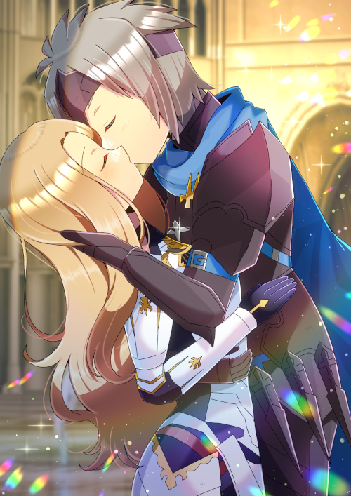 1boy 1girl alphen_(tales) armor black_gloves blue_cape blurry blurry_background breastplate cape closed_eyes closed_mouth commentary_request commission depth_of_field forehead gauntlets gloves grey_hair hetero kisara_(tales) kiss kou_hiyoyo leaning_back light_brown_hair long_hair parted_bangs pauldrons profile shoulder_armor skeb_commission tales_of_(series) tales_of_arise very_long_hair