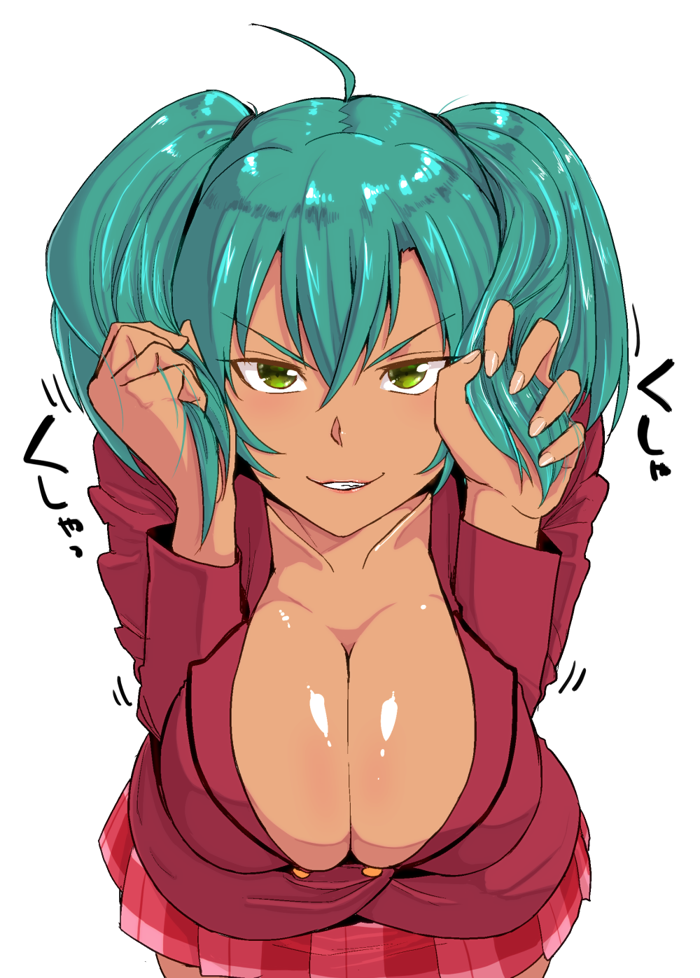 1girl ahoge breasts cleavage collarbone dark-skinned_female dark_skin green_eyes green_hair grin haiboku hands_up highres holding holding_hair ikkitousen jacket large_breasts leaning_forward long_hair long_sleeves looking_at_viewer motion_lines pleated_skirt red_jacket red_skirt ryofu_housen school_uniform skirt smile solo twintails v-shaped_eyebrows