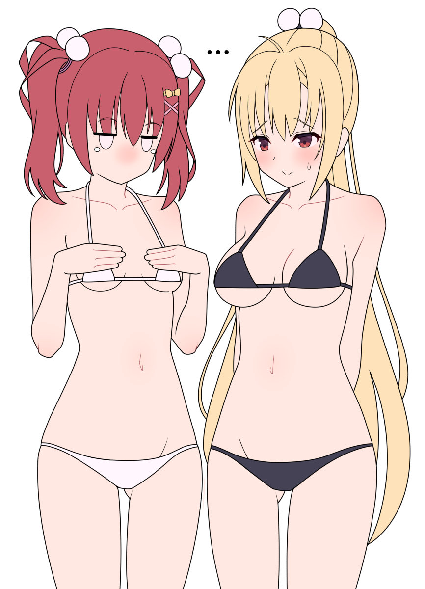 ... 2girls ahoge arihara_nanami arms_behind_back ass_visible_through_thighs bare_arms bikini black_bikini blonde_hair blush breast_conscious breasts breasts_apart closed_mouth collarbone commentary cowboy_shot curvy eyes_visible_through_hair hair_between_eyes hair_ornament halterneck hand_on_own_chest highres jitome large_breasts looking_at_another medium_hair mibu_chisaki micro_bikini multiple_girls navel no_mouth nose_blush pom_pom_(clothes) pom_pom_hair_ornament ponytail red_eyes riddle_joker shy side-by-side small_breasts smile split_mouth sweatdrop swimsuit symbol-only_commentary twintails white_bikini x x_hair_ornament zlmh7okwwbmghfo