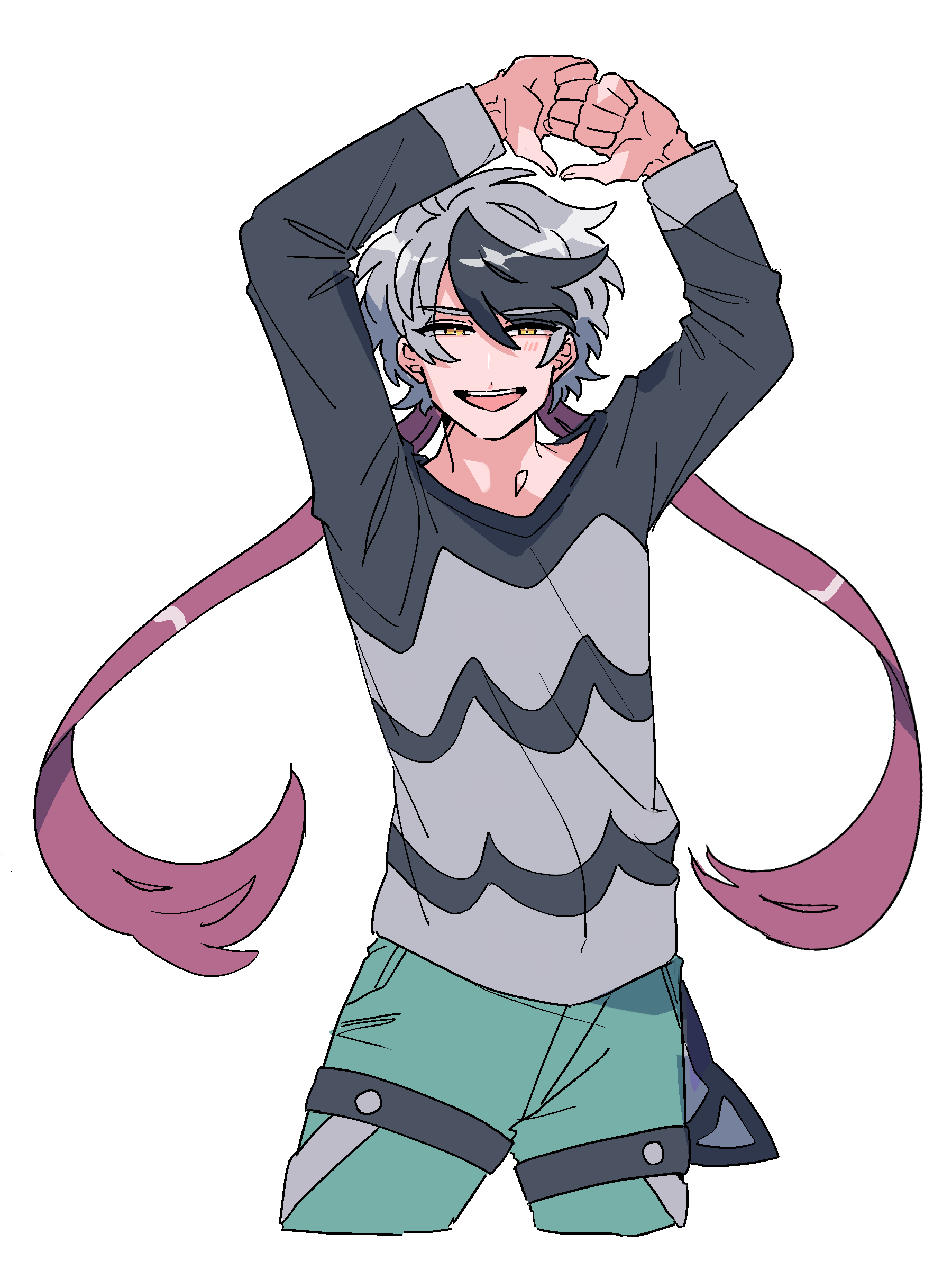 1boy :d absurdres arms_up black_hair gotoroku_(pkg) green_pants grey_hair grey_shirt hair_between_eyes highres long_sleeves looking_at_viewer own_hands_together pants personification pink_hair pokemon shirt simple_background smile solo standing unfezant unfezant_(male) white_background